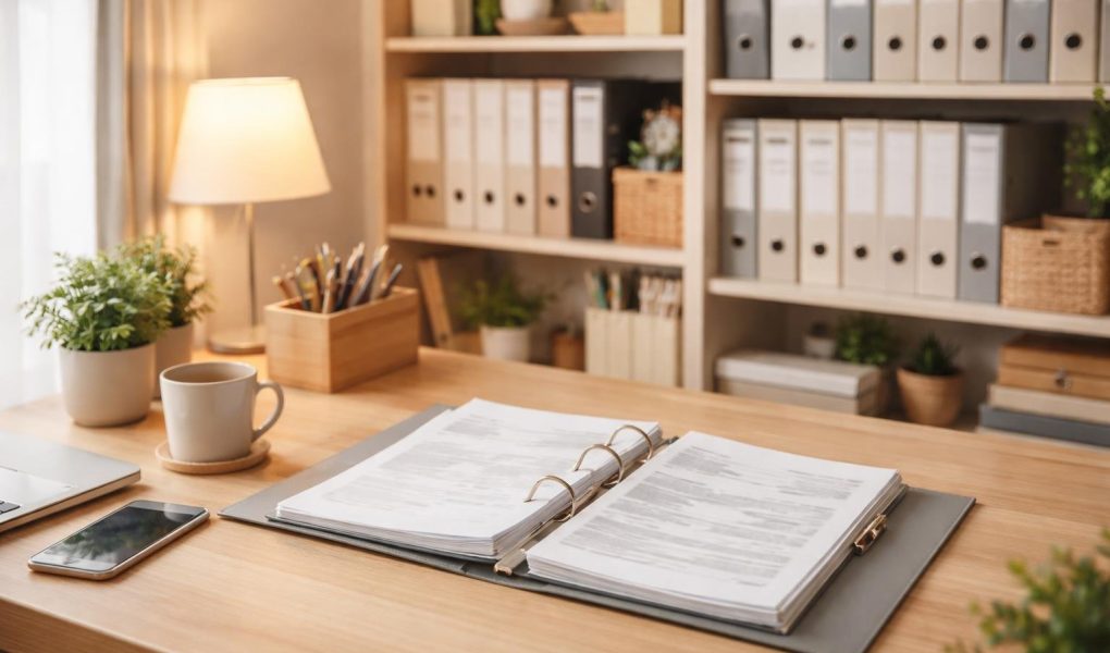 bureau-rangé-etagere-ouverte-lumiere-douce