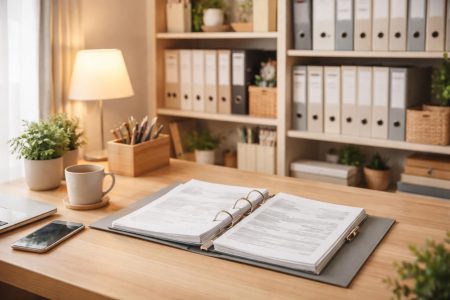 bureau-rangé-etagere-ouverte-lumiere-douce