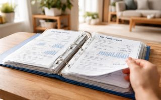 classeur-factures-main-table-bois