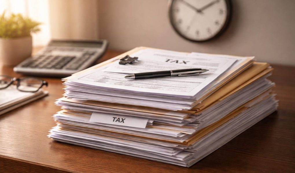 documents-fiscaux-bureau-bois-horloge