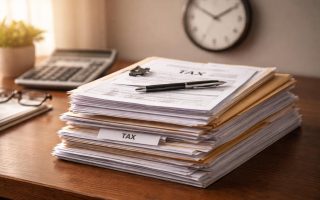 documents-fiscaux-bureau-bois-horloge
