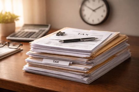 documents-fiscaux-bureau-bois-horloge