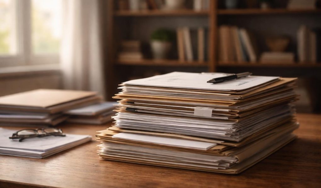 table-bois-documents-etageres-livres