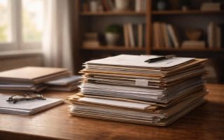 table-bois-documents-etageres-livres
