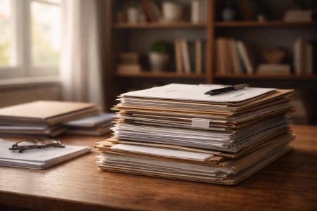 table-bois-documents-etageres-livres