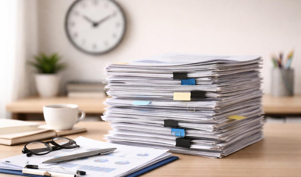 bureau-papiers-horloge-floue