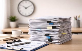 bureau-papiers-horloge-floue