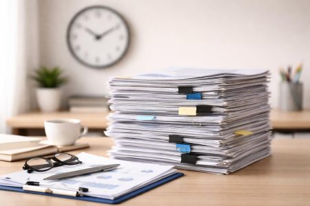 bureau-papiers-horloge-floue