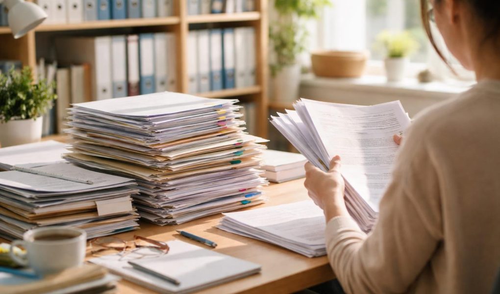 bureau-ensoleille-documents-rayonnages-classeurs